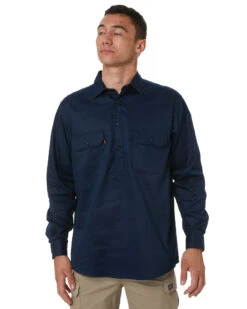 Closed Front Cotton Drill Shirt Long Sleeve - Navy -Cheap Bisley || CATerpillar || UNIT Store 3204 navy