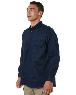 Closed Front Cotton Drill Shirt Long Sleeve - Navy -Cheap Bisley || CATerpillar || UNIT Store 3204 navy 04