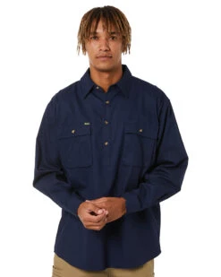 Bisley Closed Front Mens Cotton Drill LS Shirt - Navy