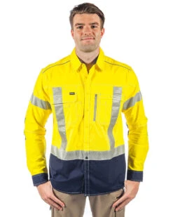 Bisley Flex And Move X Taped Hi Vis LS Utility Shirt - Yellow/Navy