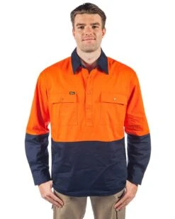 Bisley Hi Vis Closed Front LS Shirt - Orange/Navy