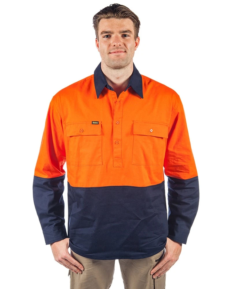 Bisley Hi Vis Closed Front LS Shirt - Orange/Navy 3 Bisley Hi Vis Closed Front LS Shirt - Orange/Navy
