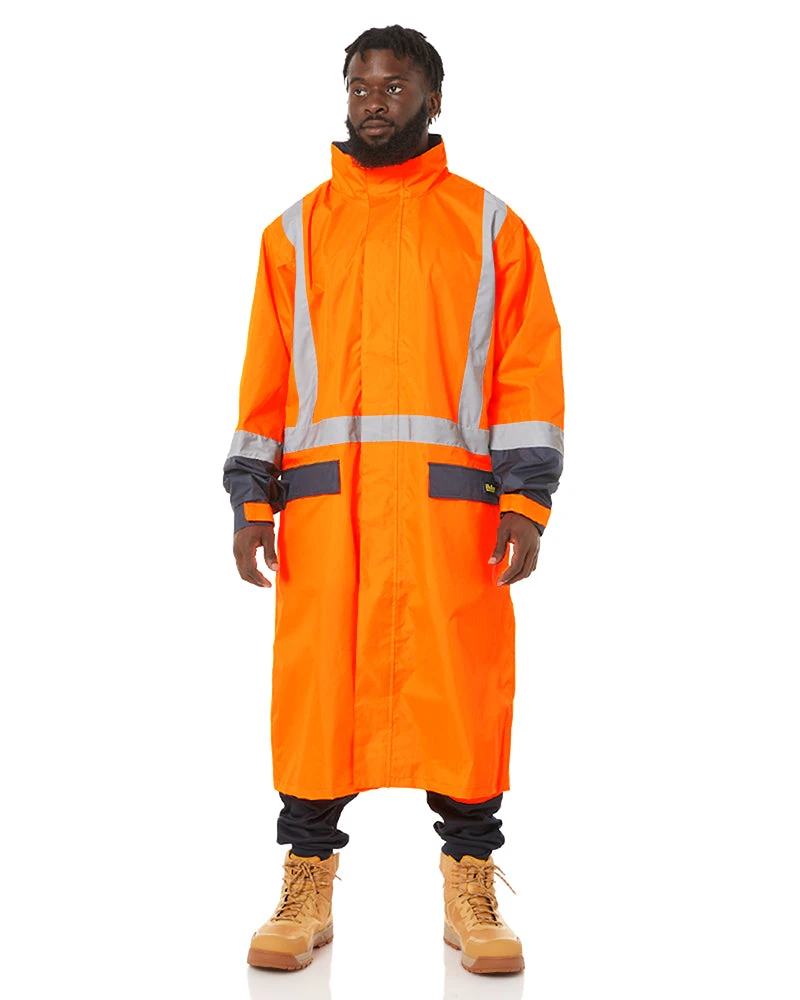 Bisley Hi Vis Taped Long Rain Coat - Orange/Navy 3 Bisley Hi Vis Taped Long Rain Coat - Orange/Navy