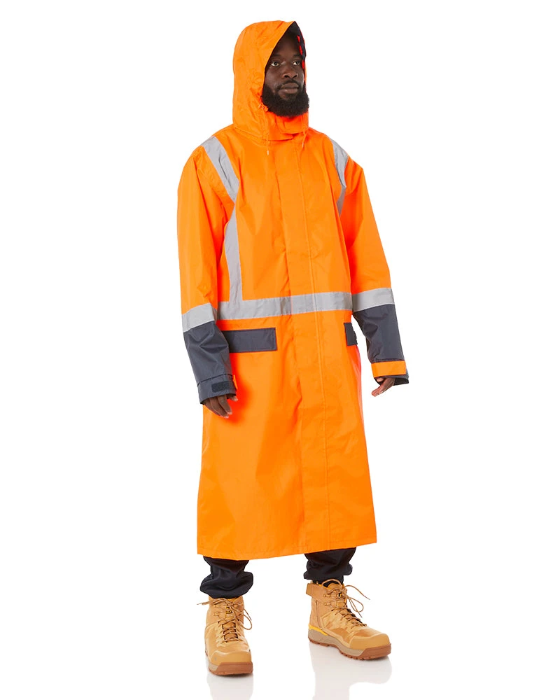 Bisley Hi Vis Taped Long Rain Coat - Orange/Navy 4 Bisley Hi Vis Taped Long Rain Coat - Orange/Navy - Image 2
