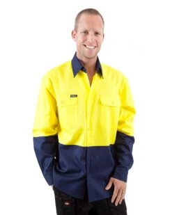 Bisley Hi Vis Drill Shirt LS - Yellow/Navy
