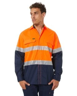 Bisley X Airflow Hi Vis Taped Stretch Ripstop Shirt - Orange/Navy