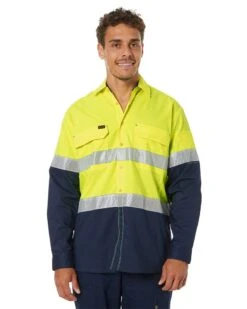 Bisley X Airflow Hi Vis Taped Stretch Ripstop Shirt - Yellow/Navy