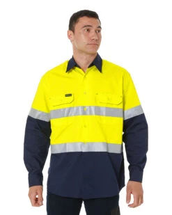 Bisley Hi Vis Recycled LS Drill Shirt - Yellow/Navy
