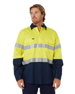 Bisley Taped Hi Vis Closed Front Lightweight LS Shirt - Yellow/Navy