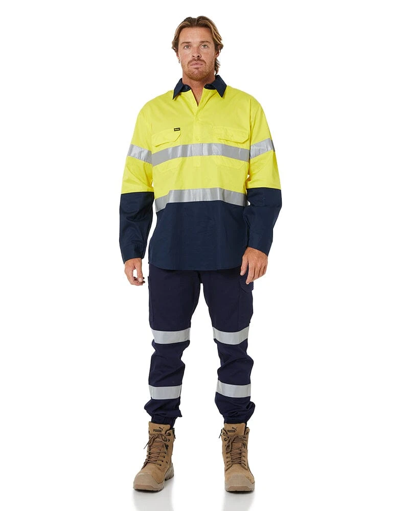 Bisley Taped Hi Vis Closed Front Lightweight LS Shirt - Yellow/Navy 4 Bisley Taped Hi Vis Closed Front Lightweight LS Shirt - Yellow/Navy - Image 2