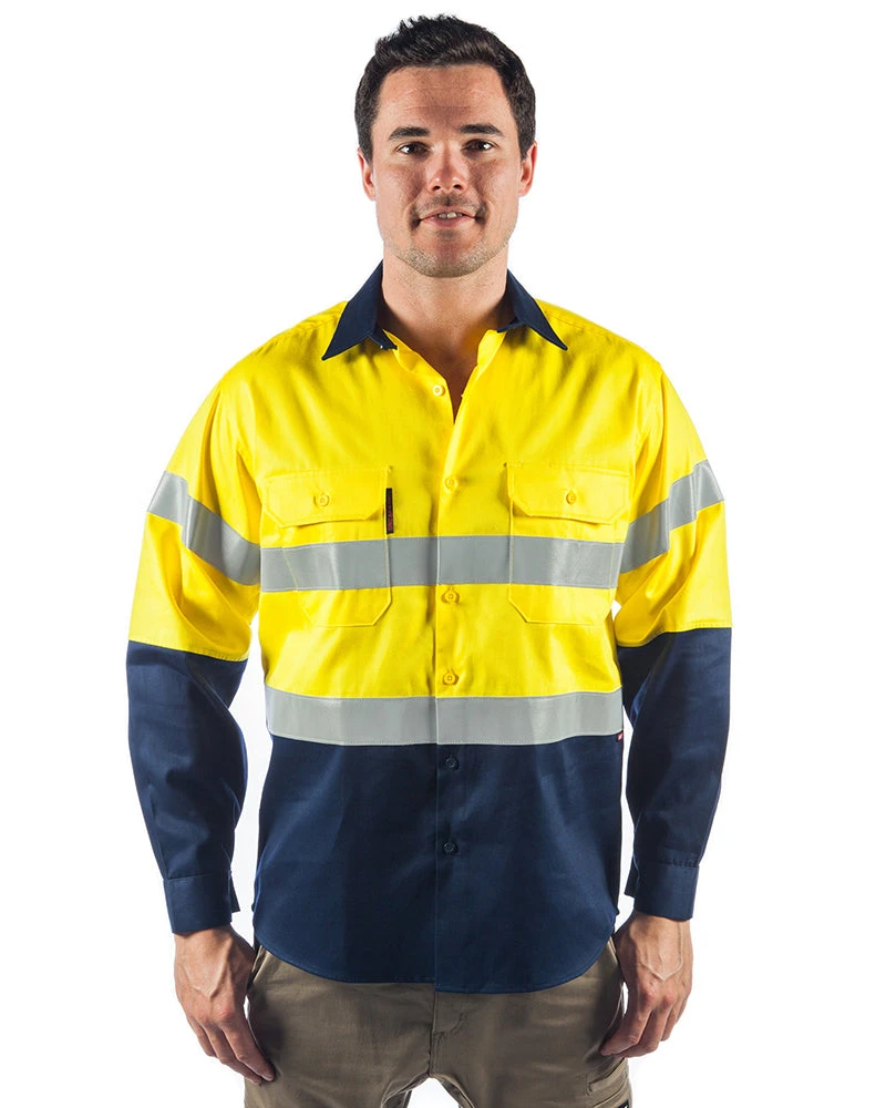 Flame Retardant 2 Tone Cotton Shirt With 3M Tape L/S - Yellow/Navy 3 Flame Retardant 2 Tone Cotton Shirt With 3M Tape L/S - Yellow/Navy