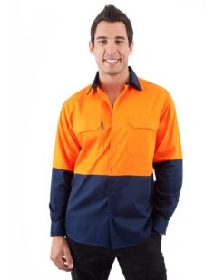 Hi Vis Cool Breeze Cotton Drill Shirt LS - Orange/Navy
