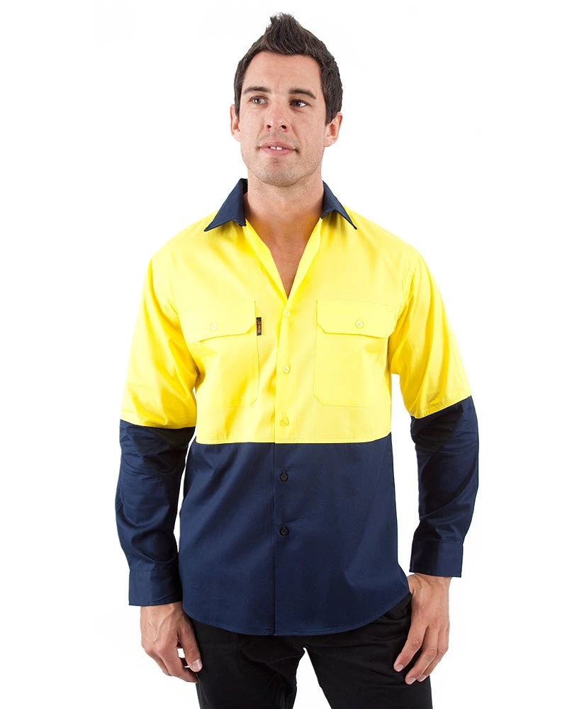 Hi Vis Cool Breeze Cotton Drill Shirt LS - Yellow/Navy 3 Hi Vis Cool Breeze Cotton Drill Shirt LS - Yellow/Navy