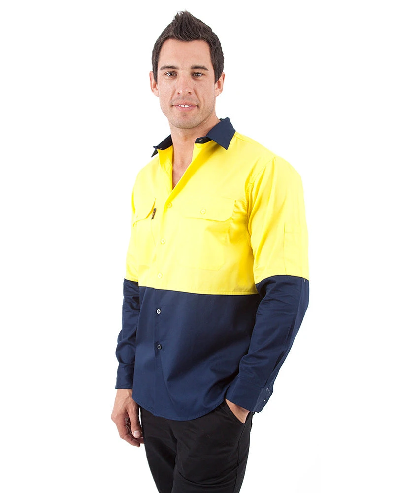 Hi Vis Cool Breeze Cotton Drill Shirt LS - Yellow/Navy 4 Hi Vis Cool Breeze Cotton Drill Shirt LS - Yellow/Navy - Image 2