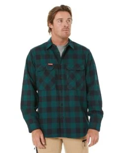 Check Flannel Cotton Work Shirt - Bottle Green