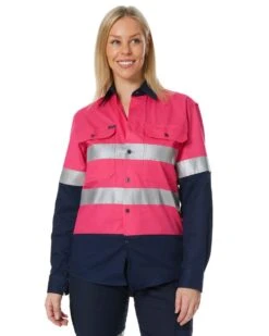 Hi Vis Taped Cotton Drill Shirt LS - Pink/Navy -Cheap Bisley || CATerpillar || UNIT Store ritemate rm1050r pink navy 1