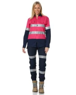 Hi Vis Taped Cotton Drill Shirt LS - Pink/Navy -Cheap Bisley || CATerpillar || UNIT Store ritemate rm1050r pink navy 2