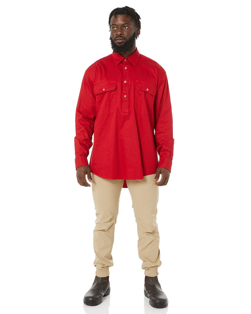 Closed Front Cotton Twill Shirt LS - Red 4 Closed Front Cotton Twill Shirt LS - Red - Image 2