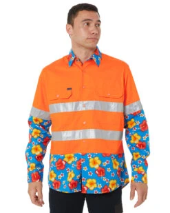 Light Weight Open Front LS Vented Two Tone Taped Shirt - Orange/Hibiscus