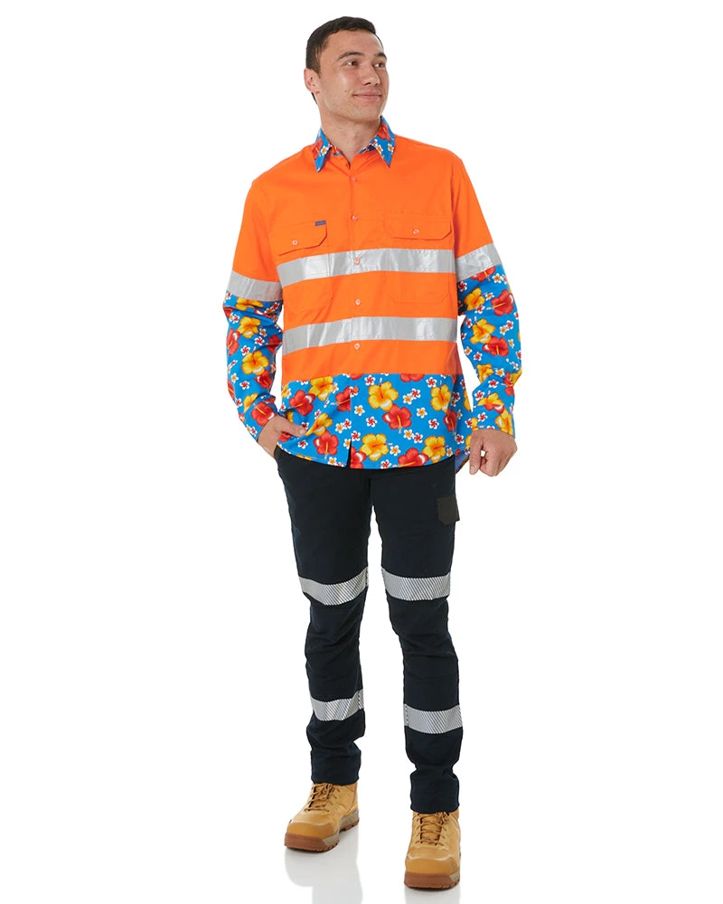 Light Weight Open Front LS Vented Two Tone Taped Shirt - Orange/Hibiscus 4 Light Weight Open Front LS Vented Two Tone Taped Shirt - Orange/Hibiscus - Image 2