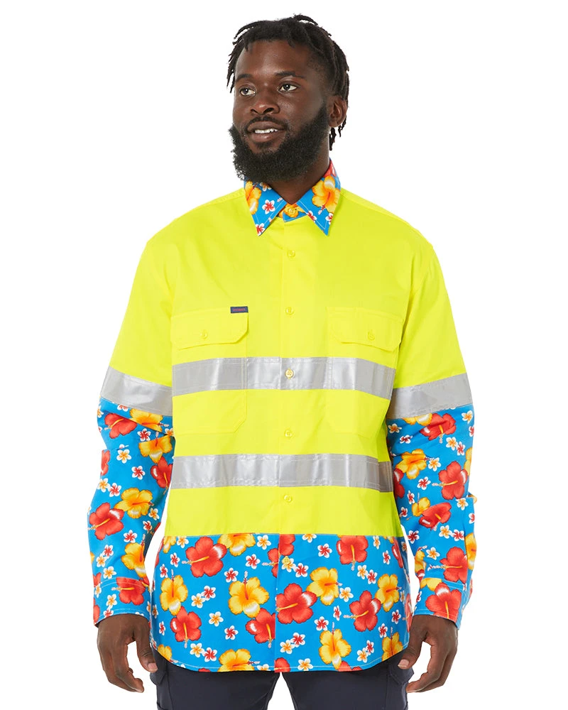 Light Weight Open Front LS Vented Two Tone Taped Shirt - Yellow/Hibiscus 3 Light Weight Open Front LS Vented Two Tone Taped Shirt - Yellow/Hibiscus