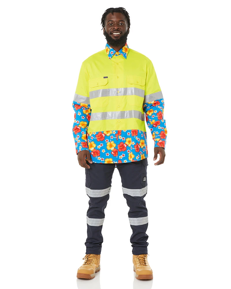 Light Weight Open Front LS Vented Two Tone Taped Shirt - Yellow/Hibiscus 4 Light Weight Open Front LS Vented Two Tone Taped Shirt - Yellow/Hibiscus - Image 2