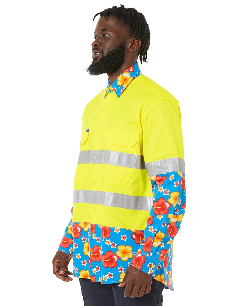 Light Weight Open Front LS Vented Two Tone Taped Shirt - Yellow/Hibiscus 5 Light Weight Open Front LS Vented Two Tone Taped Shirt - Yellow/Hibiscus - Image 3