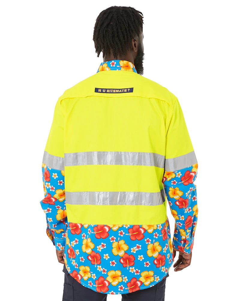 Light Weight Open Front LS Vented Two Tone Taped Shirt - Yellow/Hibiscus 6 Light Weight Open Front LS Vented Two Tone Taped Shirt - Yellow/Hibiscus - Image 4