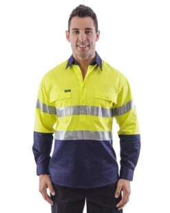 Hi Vis Taped Closed Front Cotton Drill Shirt LS (3 Pack) - Yellow/Navy
